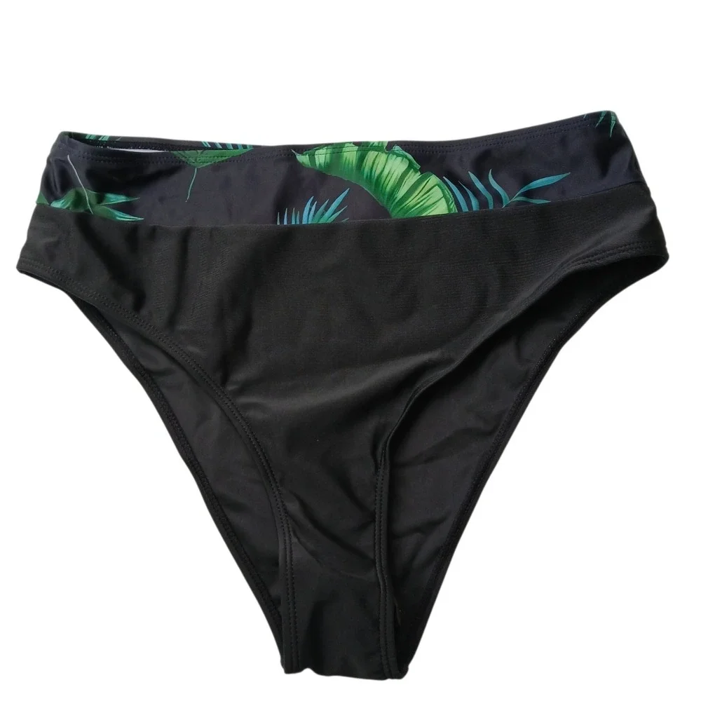 3-Piece High Waisted Bikini Set with Tropical Palm Leaf Kimono Cover Up Large